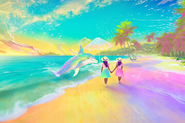 Holographic Beach- Characters enjoying a holographic beach with dolphin and fish projections