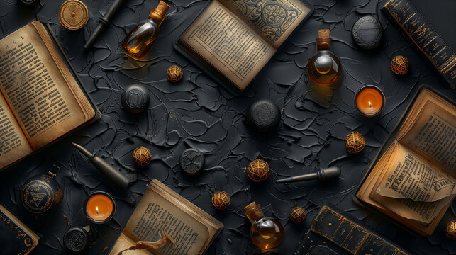 seamless background of a desk with antique books and potions, dark academia aesthetic 