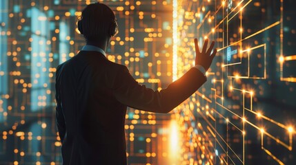 Tech Savvy Developer Engaging with Augmented Reality Data Streams Back View Gesture