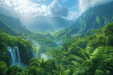 A verdant landscape adorned with towering mountains, cascading waterfalls, and lush forests, representing the beauty and diversity of terrestrial environments.  Generative Ai.