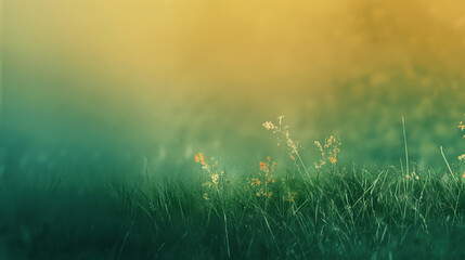 Serene and misty meadow at sunrise, with the first light casting a warm glow on wildflowers and dewy grass, creating a tranquil and picturesque scene in nature - obrazy, fototapety, plakaty