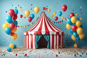  Circus tent with balloons and confetti designs, 3D rendering design 