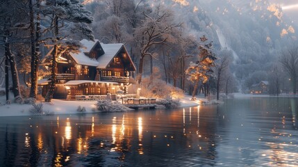 House on Lake Covered in Snow