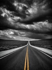 Long, straight road stretches out into distance, disappearing over crest of hill. Road flanked by open fields of grass, scrub, sky above filled with dark, ominous storm clouds.