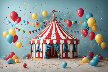  Circus tent with balloons and confetti designs, 3D rendering design 