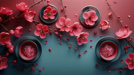 Pink Flowers on Red Background