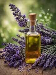 Obraz na płótnie Canvas Small, square glass bottle filled with golden oil sits on rustic wooden surface surrounded by bunches of vibrant purple lavender flowers. Bottle has cork stopper, background soft green blur.