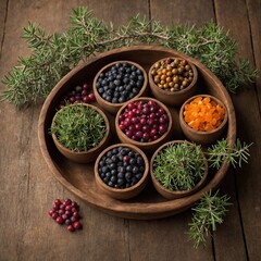 Six small wooden bowls filled with various berries, seeds sit on round wooden tray. Sprigs of juniper, rosemary surround bowls on tray, lie scattered on rustic wooden table.