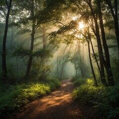 Sun's rays shine through trees in foggy forest, creating mystical atmosphere. Path winds through trees, inviting exploration of serene, peaceful woods.