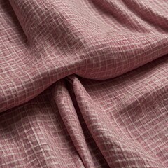 Piece of pink checkered fabric draped, folded, creating soft curves, shadows. Fabric has subtle sheen, slightly rough texture, with white checkered pattern adding touch of visual interest.