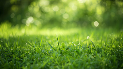 Close-up shot of fresh green grass with a gentle blur and bokeh effect, creating a peaceful and natural background suitable for diverse design purposes