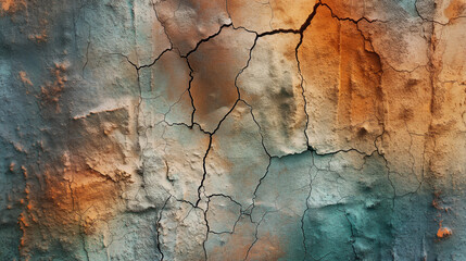 Fototapeta premium Close up of vibrant orange and teal colored cracked wall texture. Showcasing the aged and decay of the weathered surface in an artistic and urban design backdrop. With a colorful and abstract pattern
