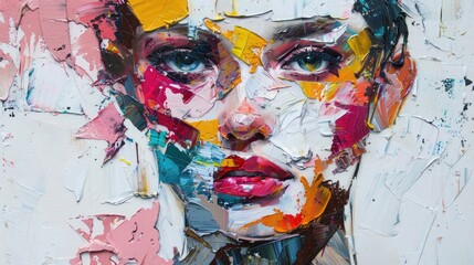 An abstract portrait of a woman, made using only oil paint strokes and palette knife techniques. Her face is fragmented into different pieces painted in various shades of red, pink, yellow, 