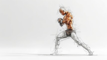 Young energetic muay thai fighter man poses before fighting at gym fitness center modern illustration. Concept of combative Thai boxing sport.