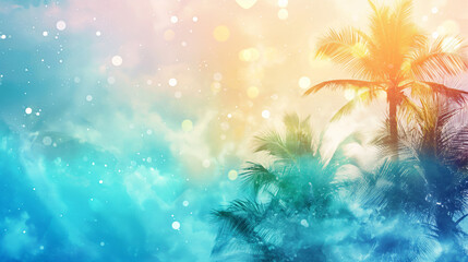Fototapeta na wymiar Serene tropical background with palm trees silhouetted against a vibrant, pastel sky illuminated by soft, glittering bokeh lights creating a dreamlike atmosphere of peacefulness and beauty