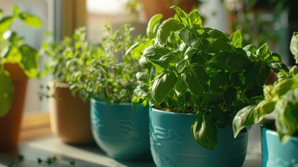 Generate ideas for growing herbs at home, showcasing the utilization of specially designed pots