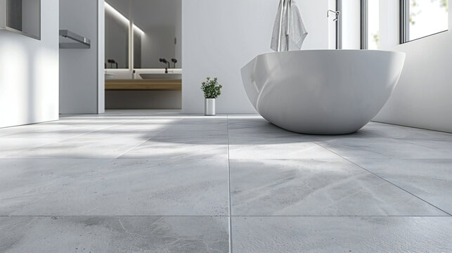 Tile Installer Places Floor Tiles in the Bathroom