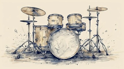 Drum band set. Concept illustration with continuous line draw. Trendy graphic modern illustration.