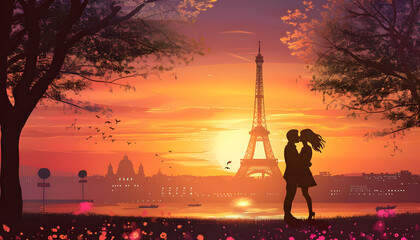 Clipart of a couple sharing a kiss under the Eiffel Tower at sunsetar74v60 Generative AI