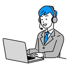 ノートパソコンで仕事をするオペレーターの男性