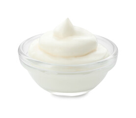 Tasty fresh mayonnaise sauce in bowl isolated on white