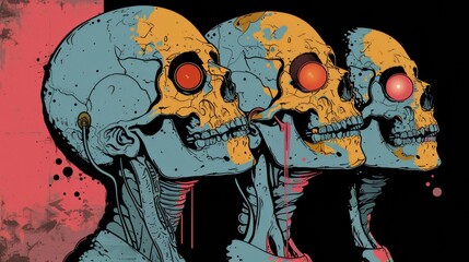 Three skulls with glowing eyes are shown in a painting, AI
