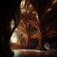 Magical wooden interior of futuristic world