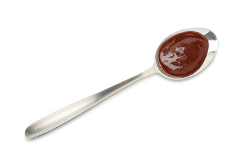 Tasty barbecue sauce in spoon isolated on white, top view