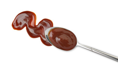 Tasty barbecue sauce and spoon isolated on white, top view
