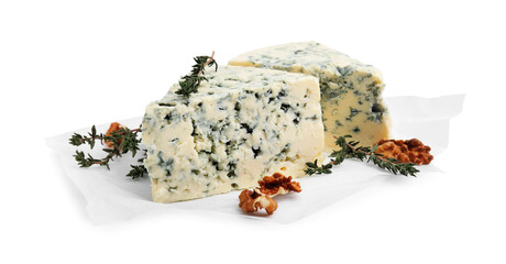 Tasty blue cheese with thyme and walnuts isolated on white