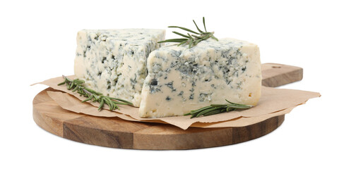 Tasty blue cheese with rosemary isolated on white