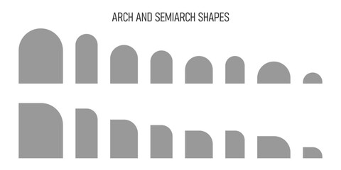 Set of arch and semiarch shapes. Simple templates for bridal invitation or greeting cards, brochures, event or party banners in archway form isolated on white background. Vector graphic illustration.