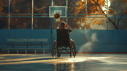 A wheelchair basketball player takes a shot during a solo practice session on an outdoor court, illuminated by the warm glow of the sunset