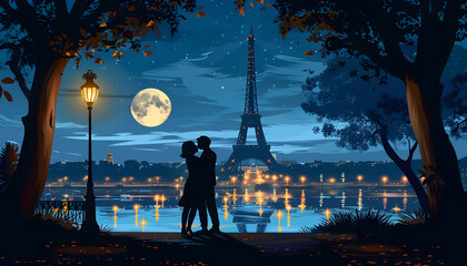 Clipart of a couple sharing a kiss under the Eiffel Tower at nightar74v60 Generative AI - obrazy, fototapety, plakaty
