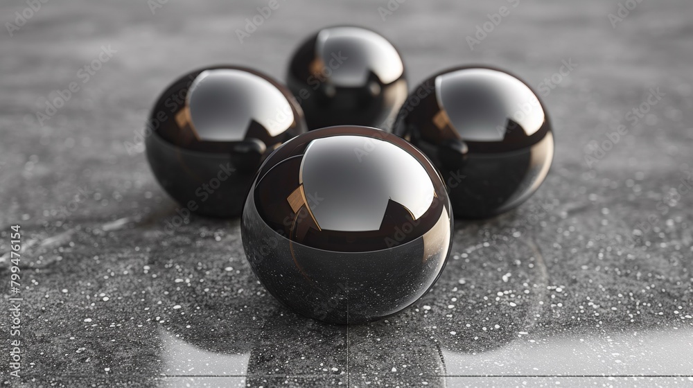 Wall mural A group of shiny black balls are sitting on a floor, AI