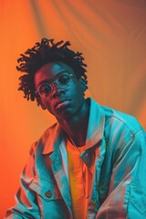 Gen-z handsome black Afro American fashionable male, wearing neon stylish clothes, retro style in the style of vaporwave fashion