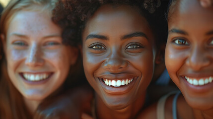 A close-up photograph of diverse faces filled with genuine smiles and laughter, capturing the universal happiness and joy of shared moments with loved ones.