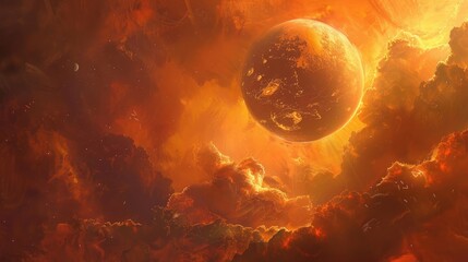 An alien planet floats in cosmic space, bathed in a fantastic orange glow. This game concept art captures the nebulous galaxy, futuristic exploration, abstract science of the universe.