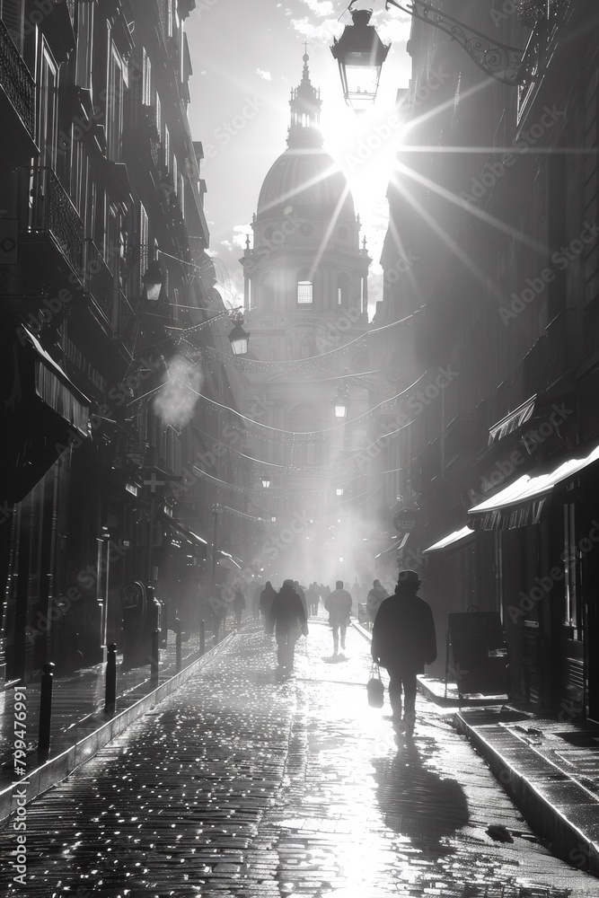 Canvas Prints A group of people walking down a street in the rain, AI