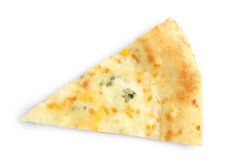 Piece of delicious cheese pizza isolated on white, top view