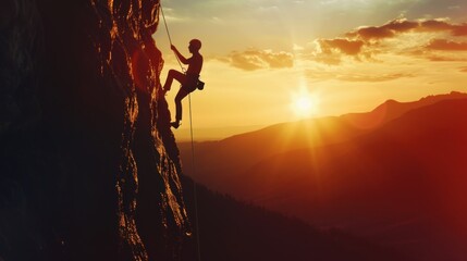 Silhouette of brave heroic man trying to climb with rope in mountain valley at sunset - obrazy, fototapety, plakaty