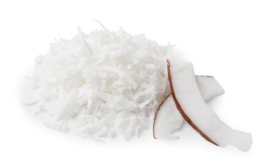 Naklejka premium Pile of coconut flakes isolated on white