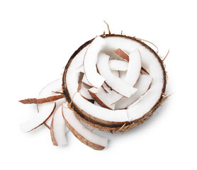 Fototapeta premium Coconut pieces in nut shell isolated on white