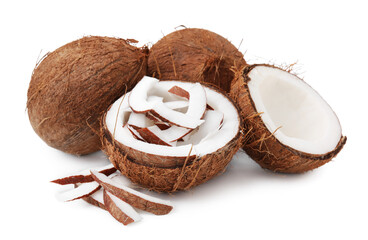 Naklejka premium Coconut pieces and nuts isolated on white