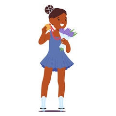 Happy Girl Character With A Hairstyle And Blue Dress Holding A Bouquet Of Flowers And A Medal. Her Gesture Is Joyful
