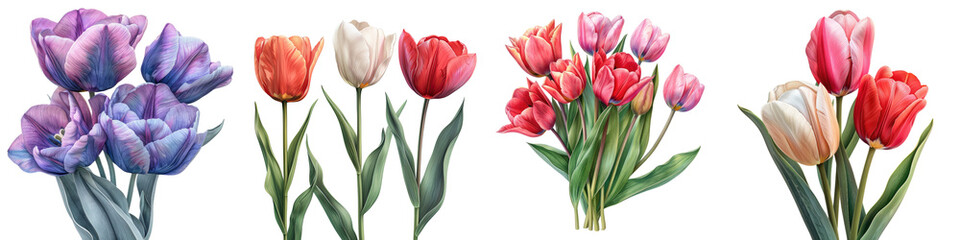 Tulips Flowers  Hyperrealistic Highly Detailed Isolated On Transparent Background Png File