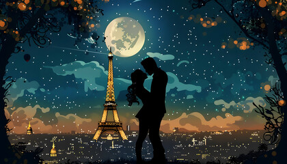 Clipart of a couple sharing a kiss under the Eiffel Tower at nightar74v60 Generative AI - obrazy, fototapety, plakaty