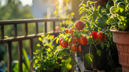 Charming Balcony Garden with Ripe Tomato Plants: A Splash of Greenery and Flavor on a Sunlit Space