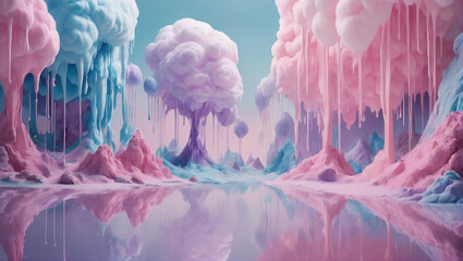 Scenes of dreamy-colored paint dripping down textured surfaces, with pastel hues of cotton candy pink, lavender mist, and baby blue against a backdrop suggesting a whimsical dreamscape ULTRA HD 8K - obrazy, fototapety, plakaty