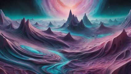 Image of ethereal-colored liquids flowing through intricate patterns on textured surfaces, with delicate hues like ethereal turquoise, celestial lavender, and ephemeral pink ULTRA HD 8K - obrazy, fototapety, plakaty
